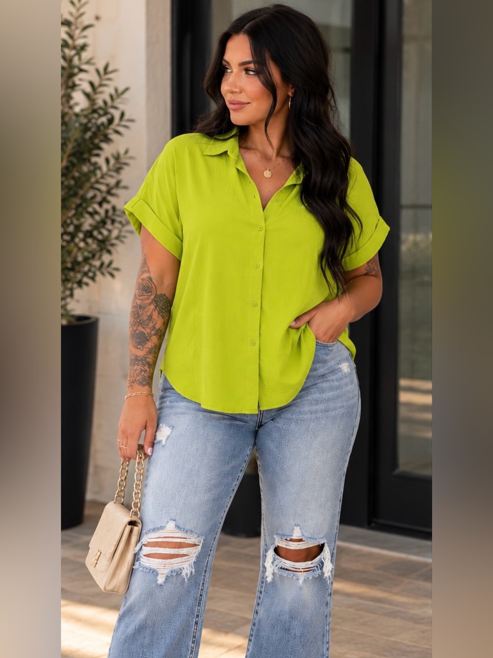 SHEIN Lime Green Short Sleeve Button-Up Blouse